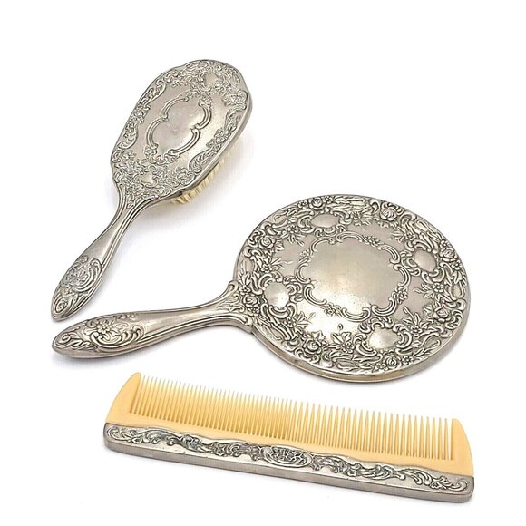 Dresser or Vanity 3 Piece Set Includes Brush Comb Handheld Mirror Silver Plated - Picture 3 of 10
